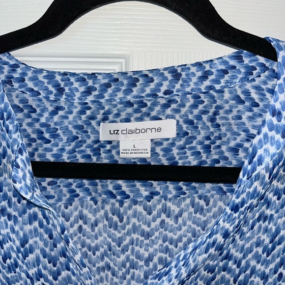 Liz Claiborne Navy and White Sheer Patterned Long Sleeve Blouse - Picture 2 of 3